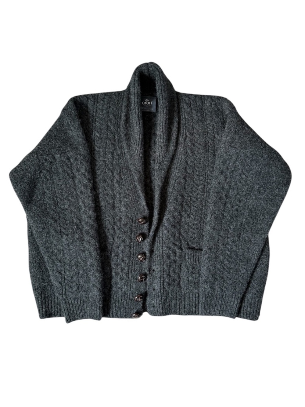 Aran Woolen Mills 100% wool gray shall collar cardigan
